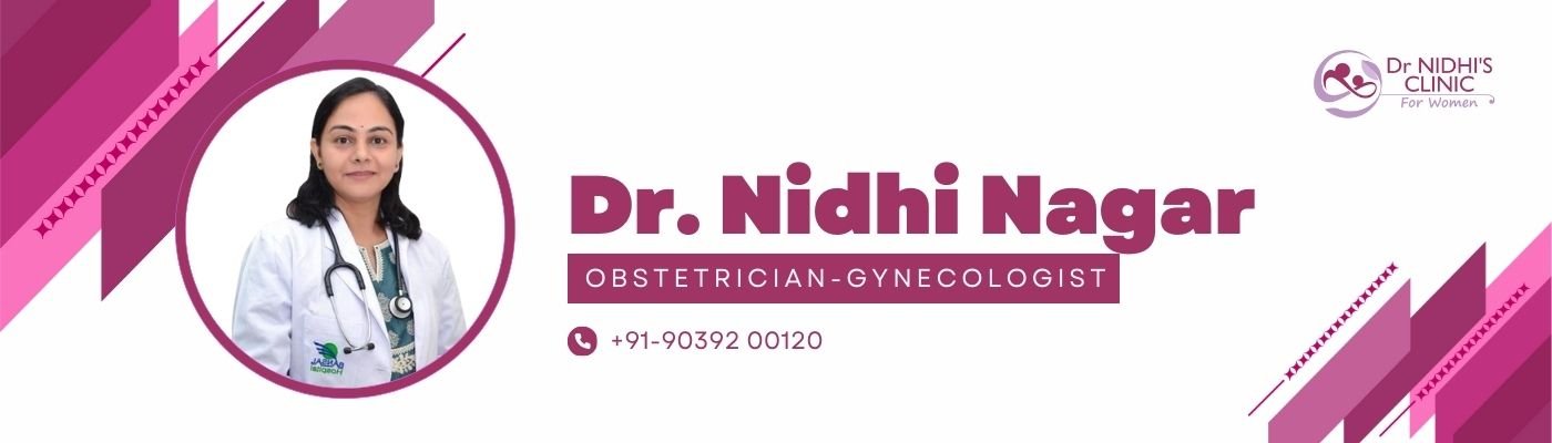 Banner of Dr. Nidhi Nagar, Obstetrician-Gynecologist, with her contact information and clinic logo.