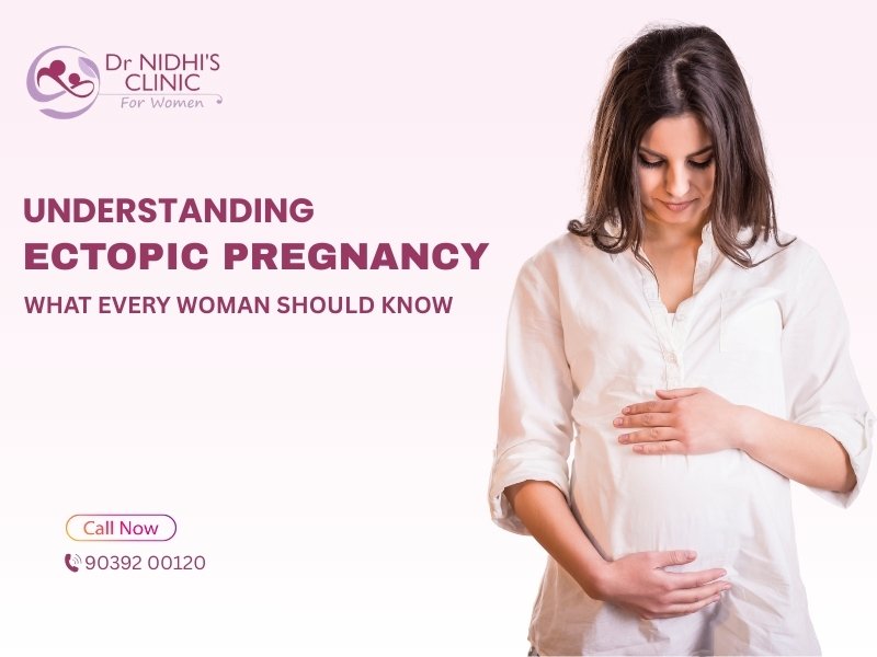 A pregnant woman gently holding her belly with text “Understanding Ectopic Pregnancy – What Every Woman Should Know” and contact information for Dr. Nidhi Nagar’s Clinic for Women in Bhopal, specializing in Ectopic Pregnancy Treatment in Bhopal.
