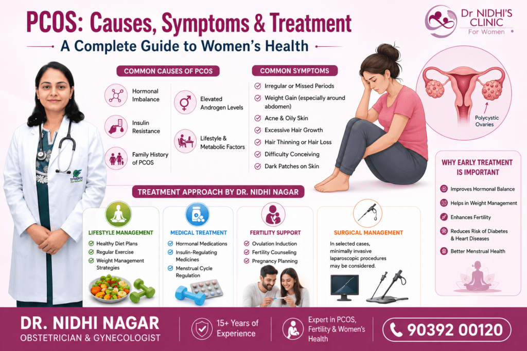 Best PCOS treatment in Bhopal infographic showing health risks reduced through early PCOS management and lifestyle changes.