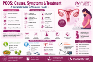 PCOS infographic showing causes, symptoms, fertility issues, treatment options, and benefits of early PCOS treatment for women's health.